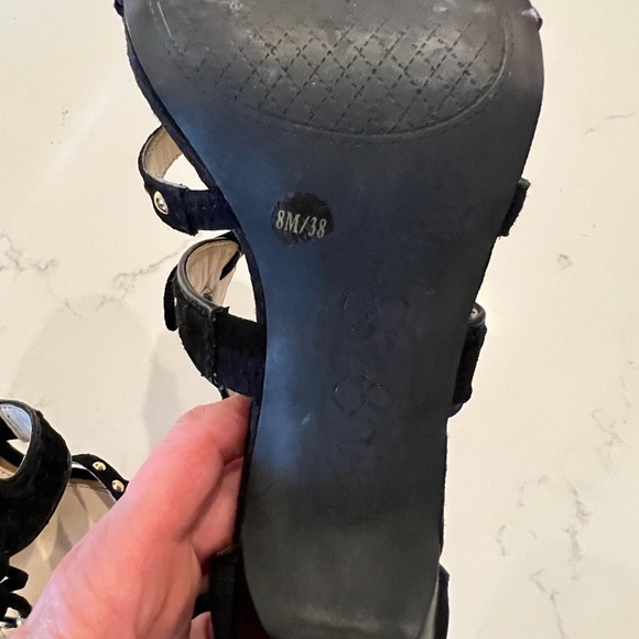 Strappy black dress sandal w/ gold studs and fringe ties by Jessica Simpson. - Picture 7 of 7